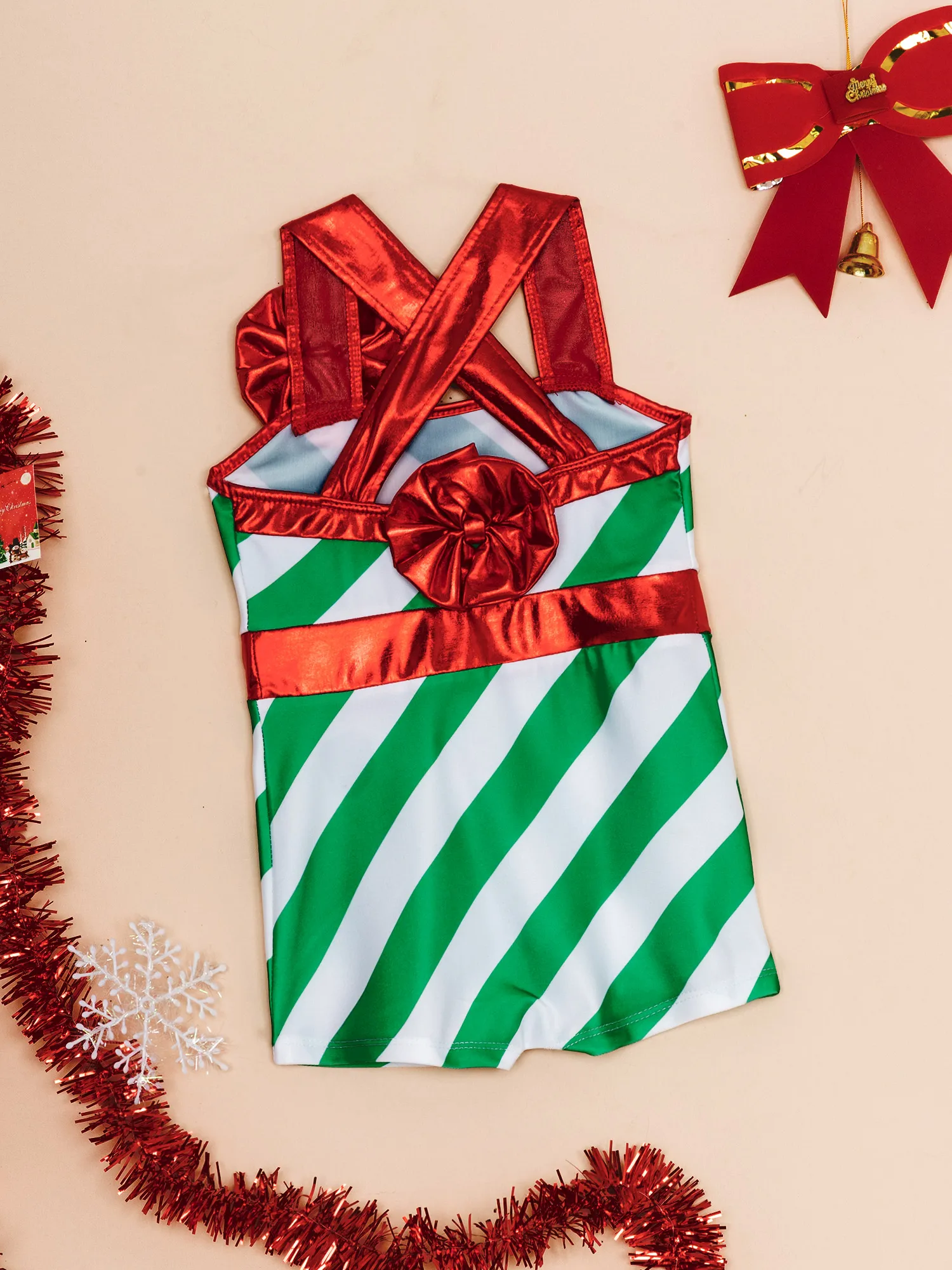 الفتيات عيد الميلاد أزياء رقص قصب الحلوى مخطط ارتداءها عبر الكتف الأشرطة عيد الميلاد سانتا قزم Unitard رداء رقص الباليه بذلة