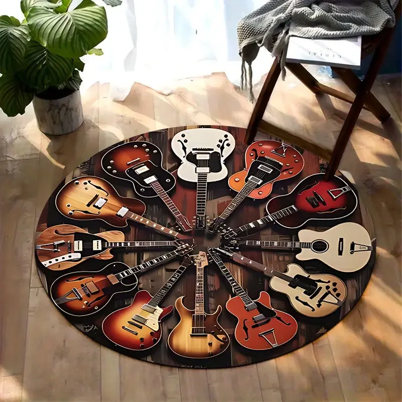 Electric guitar pattern Flannel-printed round floor mats are slip-resistant Suitable living room bedroom terrace garden carpets