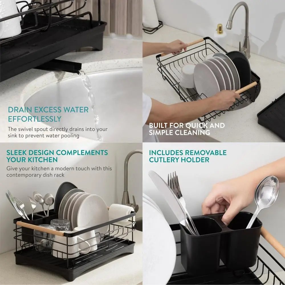 

Black Kitchen Sink Plate Drying Rack with Wooden Handle, Metal Drainer Board, Drip Tray, and Utensil Holder