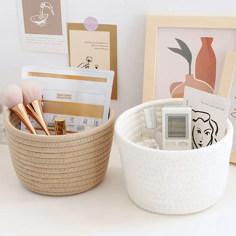 Cute Storage Baskets Desktop Sundries Storage Basket Cosmetics Snack Porch Hand-Woven Cotton Thread Basket Stylish Home Decor