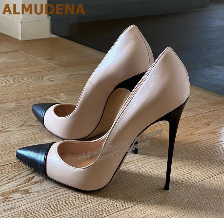 

Women Nude Black Matte Leather Patchwork Dress Pumps 12cm 10cm 8cm Thin High Heel Shallow Party Shoes Slip-on Shallow Footwear