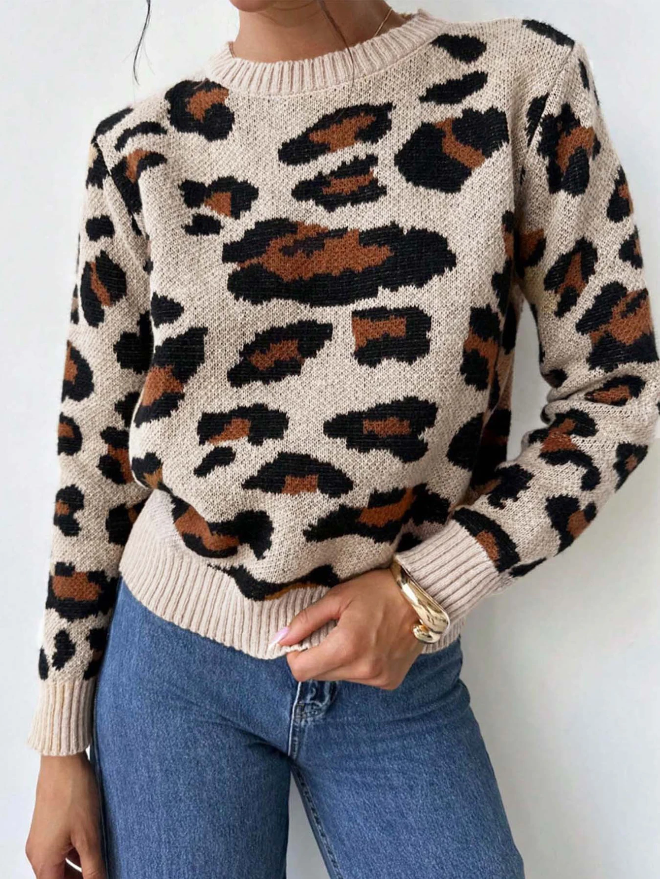 

Women's Leopard Print Sweater round Neck Long Sleeve Comfortable Fashion Autumn Winter Daily Wear Style
