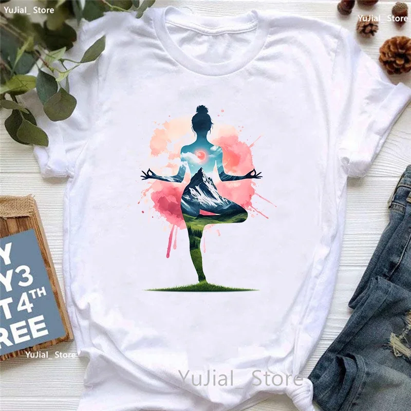 

Watercolor Yoga Meditation Printed T Shirt Women Clothes 2024 Summer Fashion T-Shirt Femme Casual White T-Shirt Female