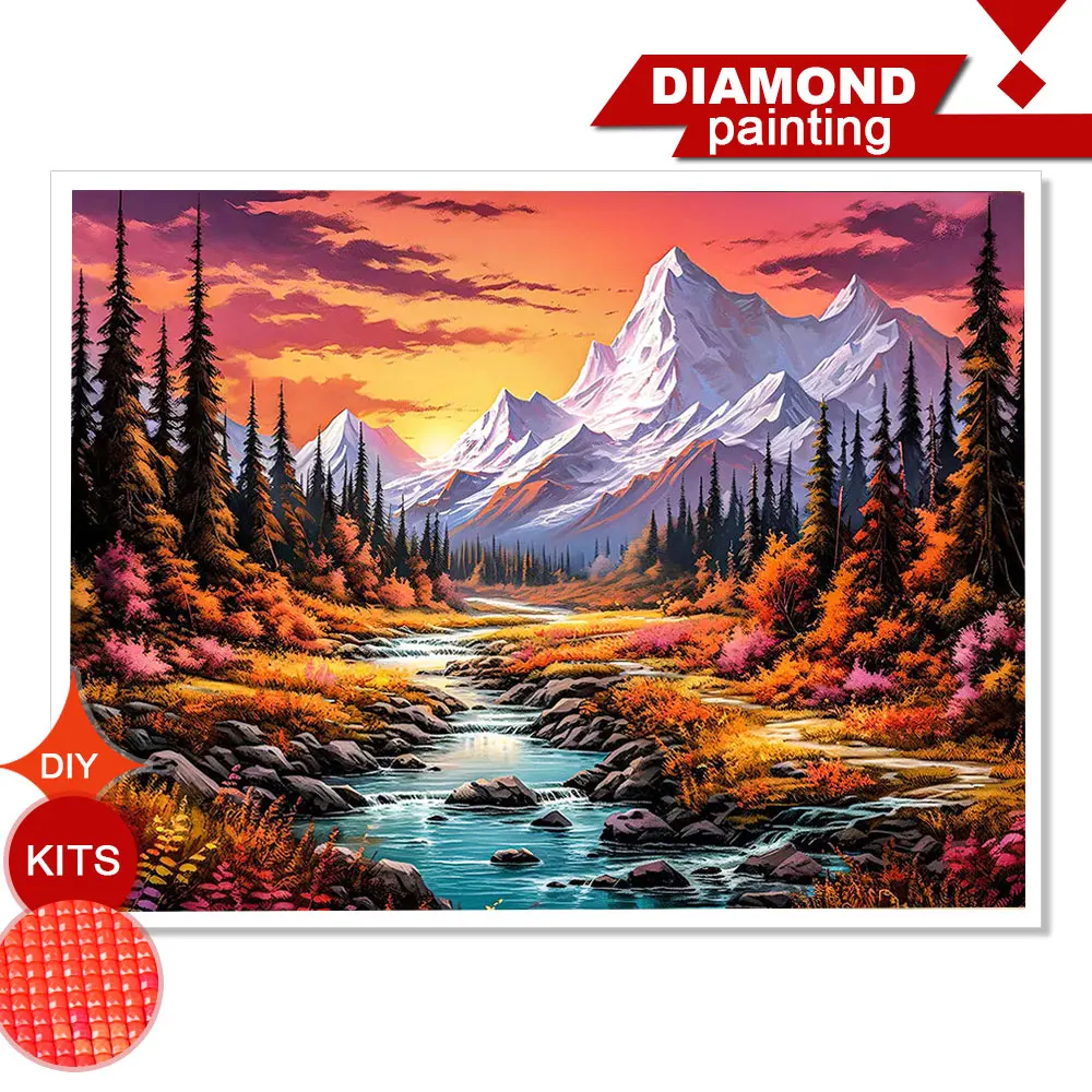 Huacan 5D DIY Diamond Painting Fall Snowy Mountain Streams Diamond Mosaic Landscape Complete Kit Decorative Paintings