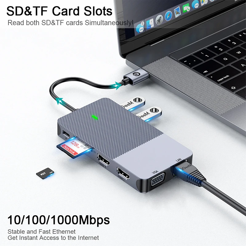 11-in-1 USB docking station DisplayLinkHUB triple display hub Type-C expansion dock 5Gbps Transfer Rate USB 3.0