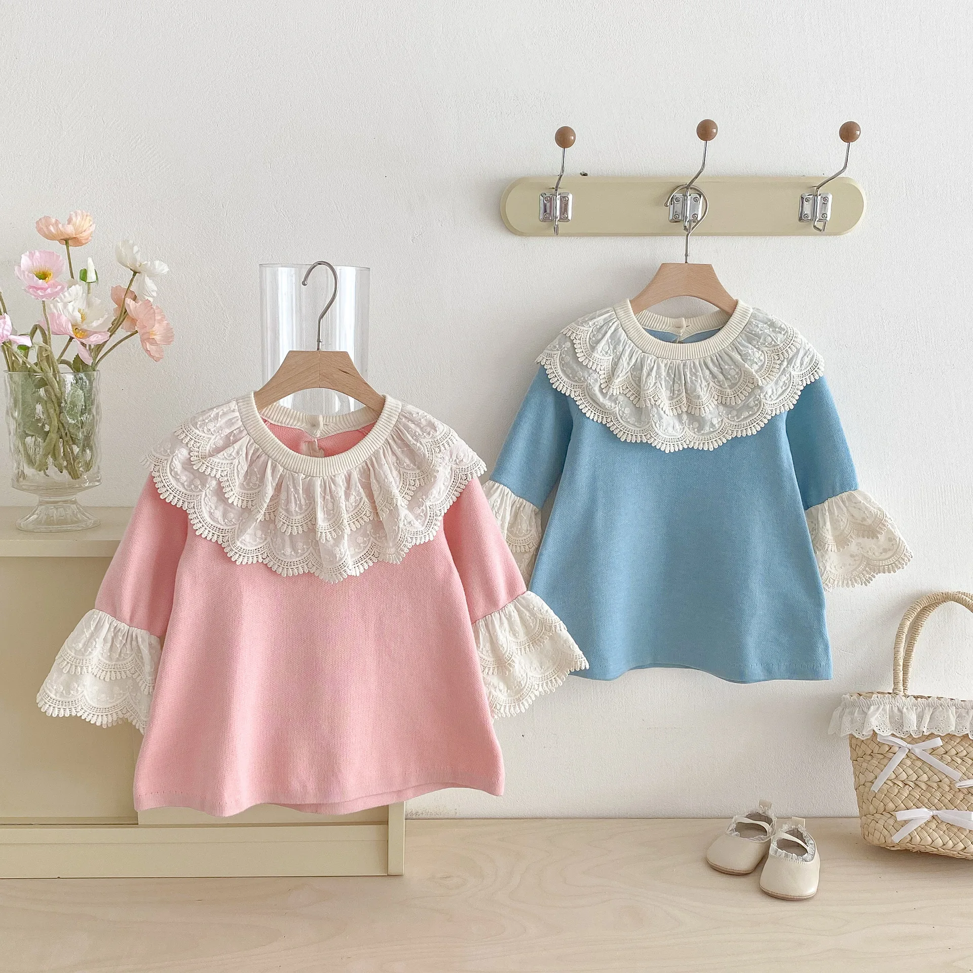 

2025 Autumn New Girls Lace Collar Dress Children Long Sleeve Knit Dress Loose Baby Girls Casual Dress Kids Cotton Knitted Dress