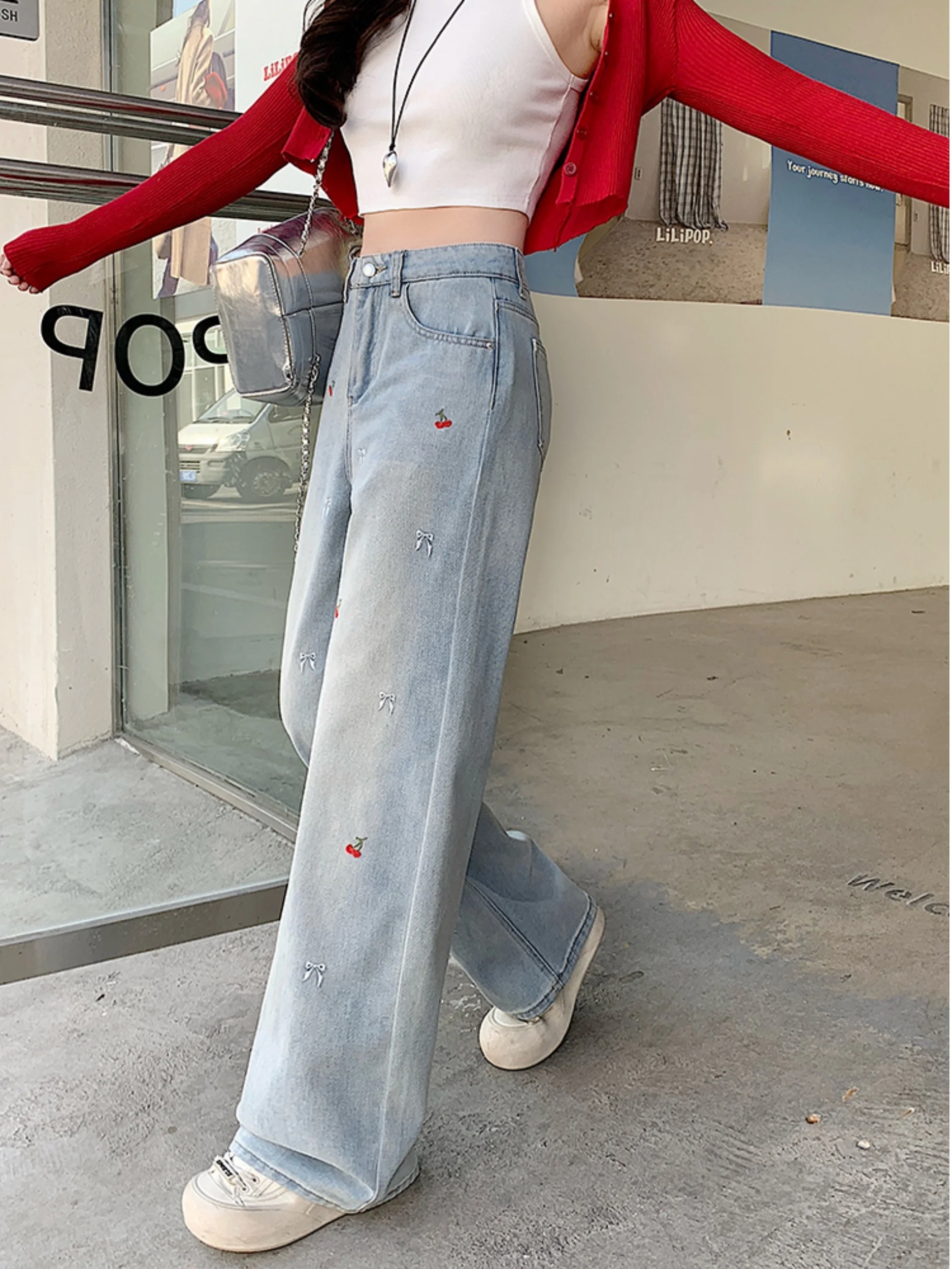 High Waist Embroidered Straight Leg Jeans plus Size Casual Wide Leg Pants Vintage Style Korean Fashion Autumn New Arrivals