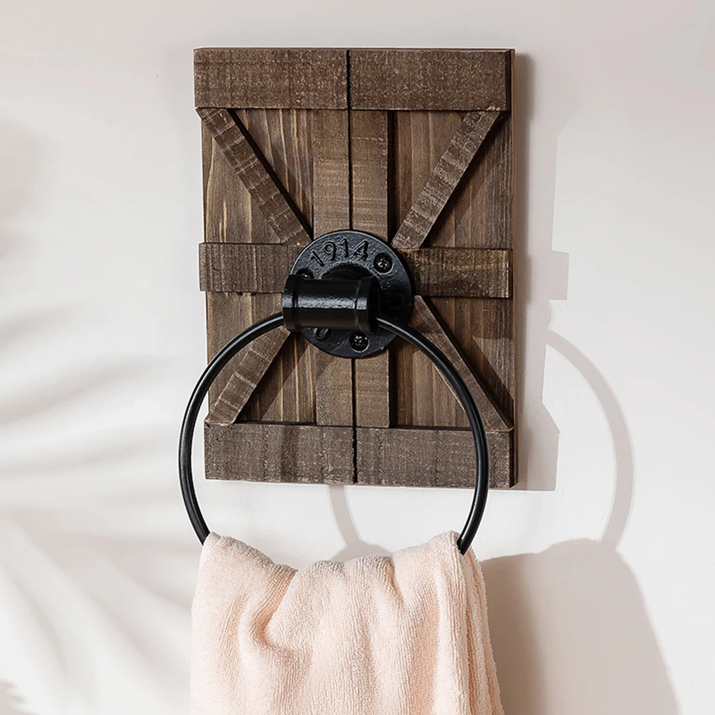 

Industrial Rustic Towel Ring Wall Mounted Wooden Towel Hanger With Metal Ring Farmhouse Bathroom Decor Towel Storage Organizer