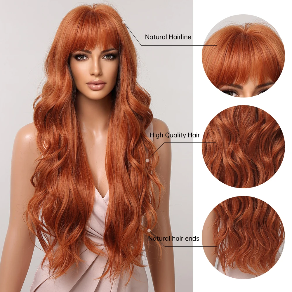 Orange Copper Red Yellow Synthetic Wigs Long Wavy Ginger Wig with Bangs for Women Natural Cosplay Body Wave Heat Resistant Hair