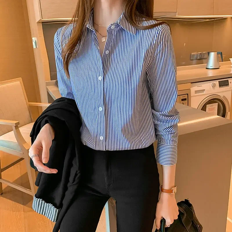 Profession Office Printing Striped Single-breasted Blouse Women Long Sleeve Turn-down Collar Korean All-match Lady Shirt A281