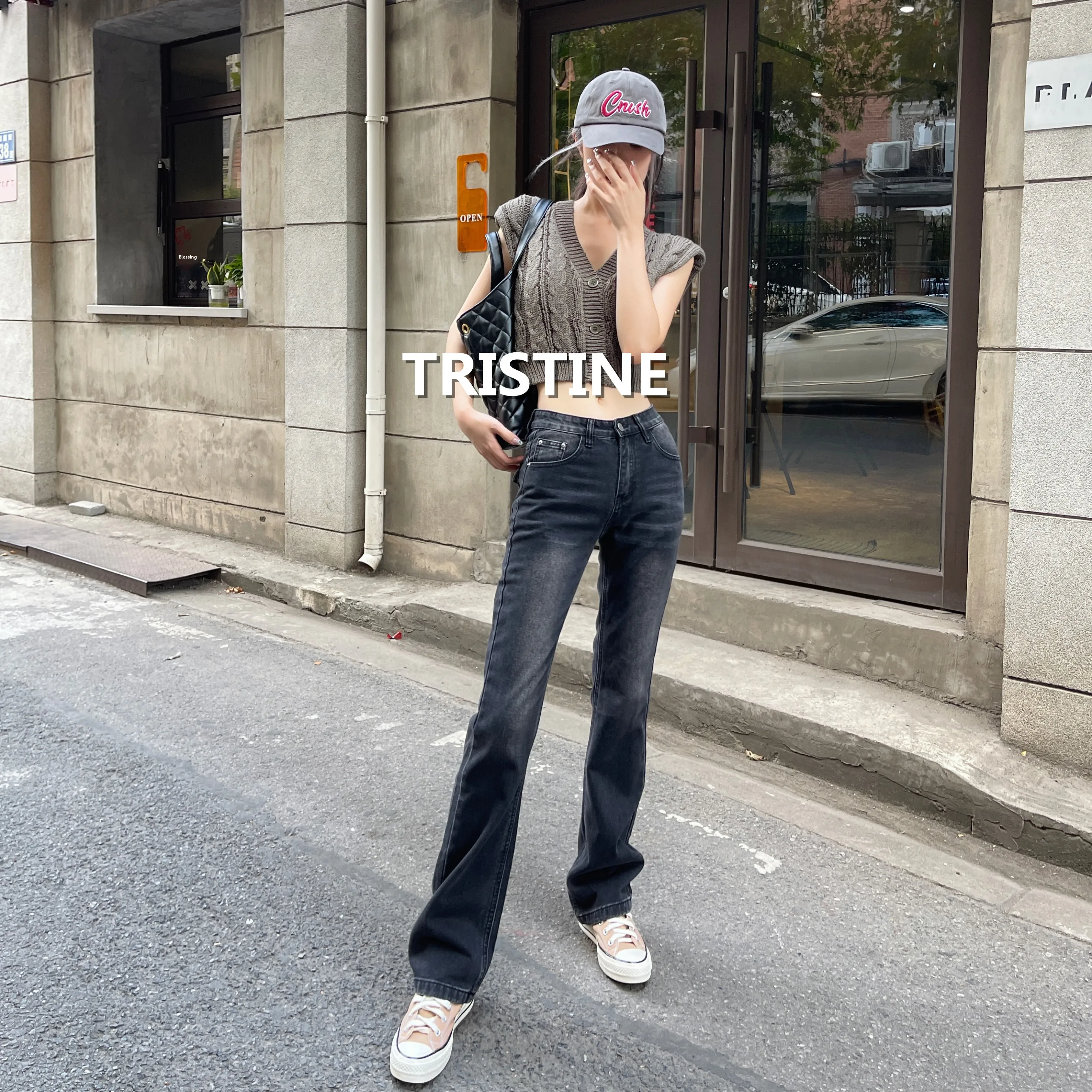 

Узкие прямые джинсы с высокой талией, женские свободные уличные сексуальные длинные брюки, осенние трилистные хлопковые эластичные джинсы