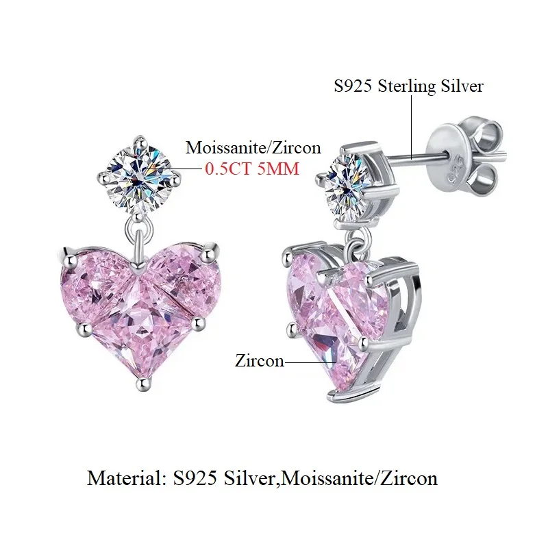 Halaile D Color Moissanite S925 Sterling Silver Love Heart Drop Earrings Wedding Fine Jewelry Women Elegant Bridal Gift
