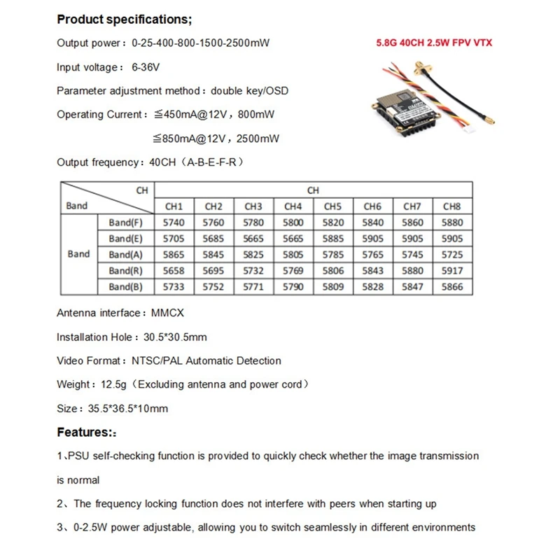 5.8G 2.5W FPV vtx 40CH 2500mW สำหรับ RC FIXED Wing FPV Long Rang โดรนแข่งทนทานติดตั้งง่าย