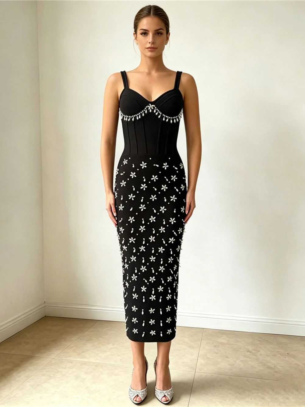 New Heavy Industry Nail Bead Inlaid Diamond Strap Bandage Dress For Ladies' Dinner Parties Slimming Dress Medium Long Dress