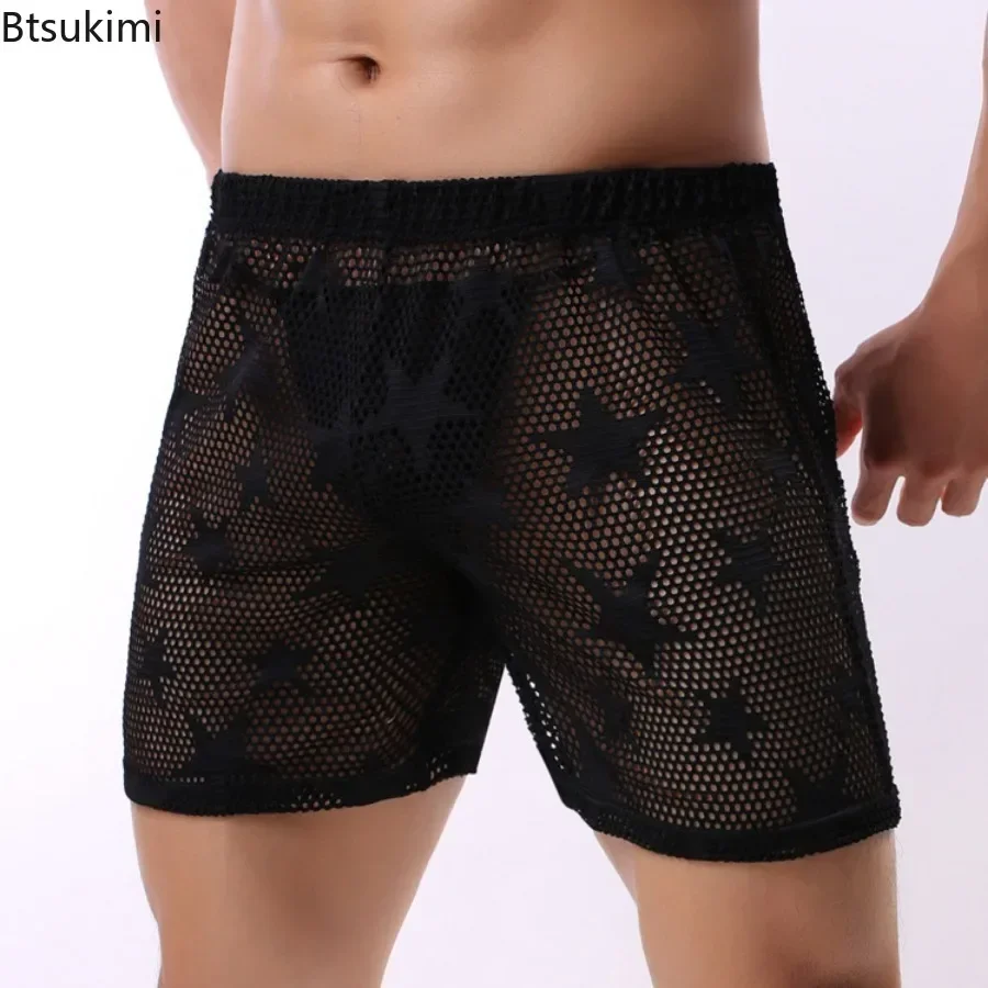 

Men's Summer Sexy See Through Pajamas Shorts Men Mesh Five-pointed Star Underwear Homewear Male Elasticity Sleep Bottoms Homme