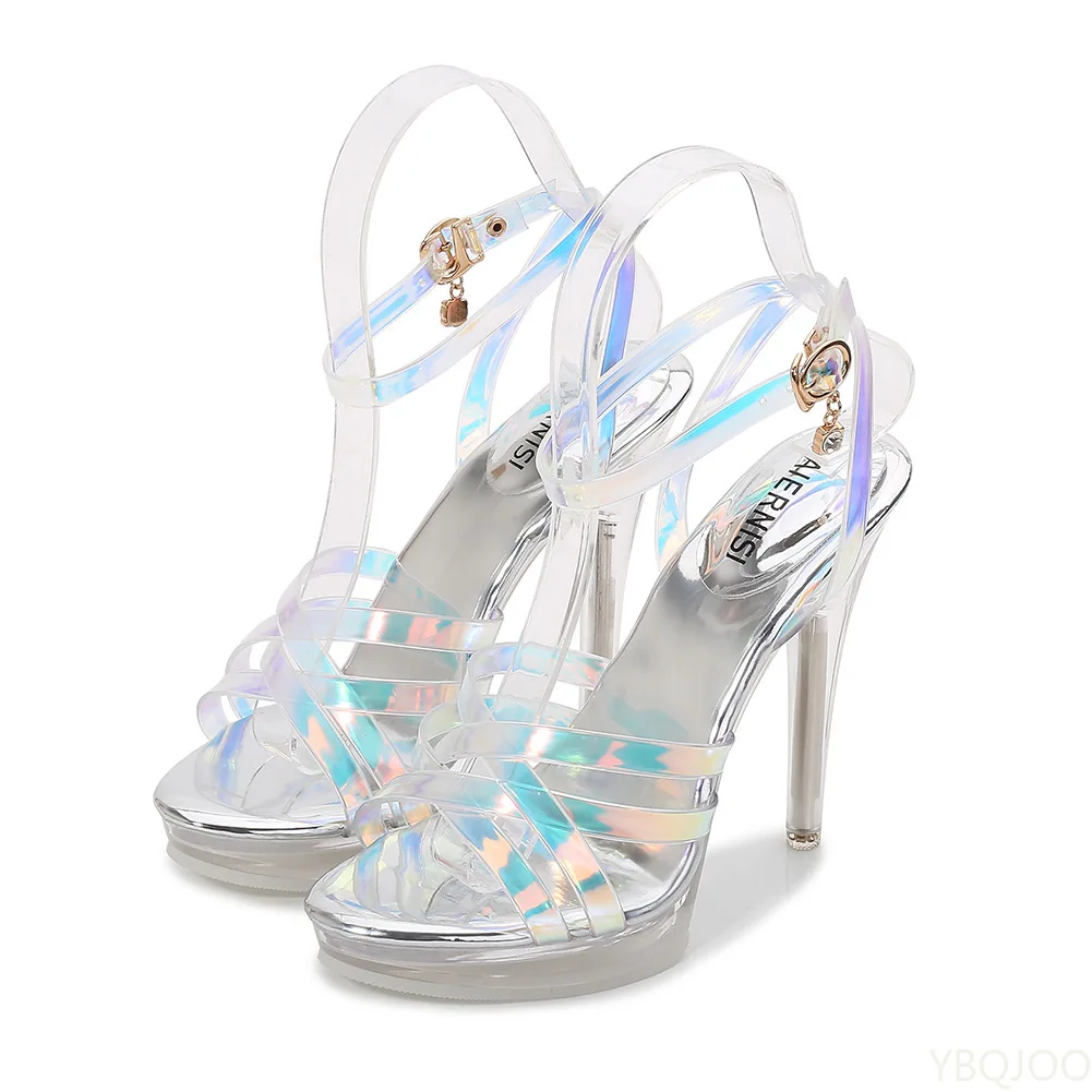 PVC Transparent Crystal Sandals Women Gold Silver Wedding Holographic Summer Jelly Shoes Ladies Thin High Heels Sandalias Mujer