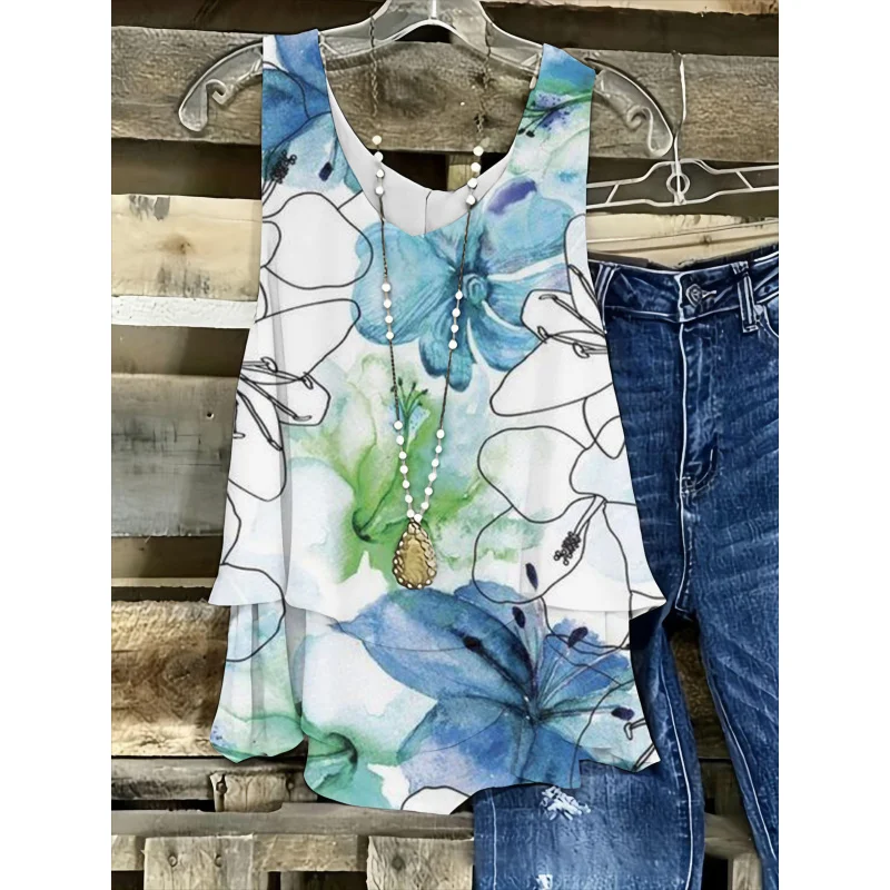 

A Sleeveless Vest in Plus Sizes Featuring a Light Blue Watercolor Floral Pattern. Double-Layered Design Gives Appearance