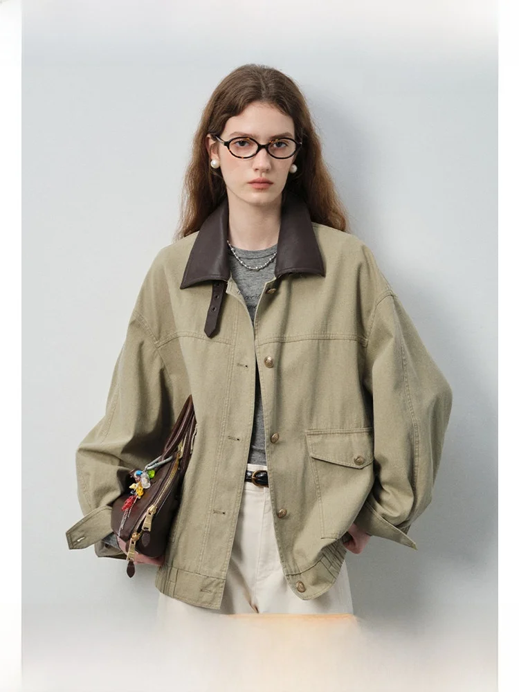 

Женская повседневная куртка VEGA CHANG, весна 2026, новинка весны, винтажная лоскутная кожаная одежда с воротником, рабочая одежда, прямой крой