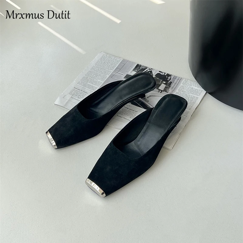 Mrxmus Dutit 2023 New Spring Summer Fashion Genuine Leather Flat Square Head Shoe Sandals Women Elegant Simple Ballet Shoes