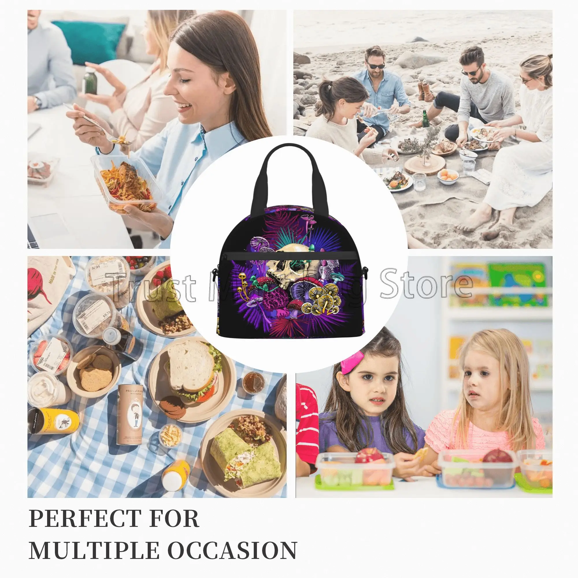 Mushroom Skull Insulated Lunch Bag for Women Men Work Resuable Portable Thermal Bento Tote Bags with Adjustable Shoulder Strap