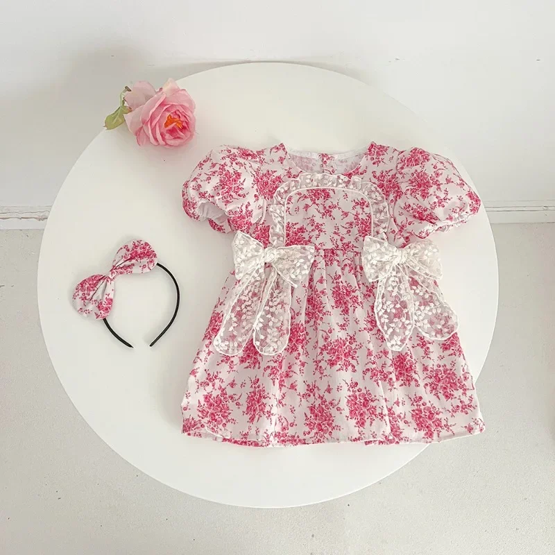 New Summer Family Matching Outfits Baby Girl One-piece Short Sleeved Lace Bow Bodysuit/Floral Dress Sisters Twins Clothing H4413