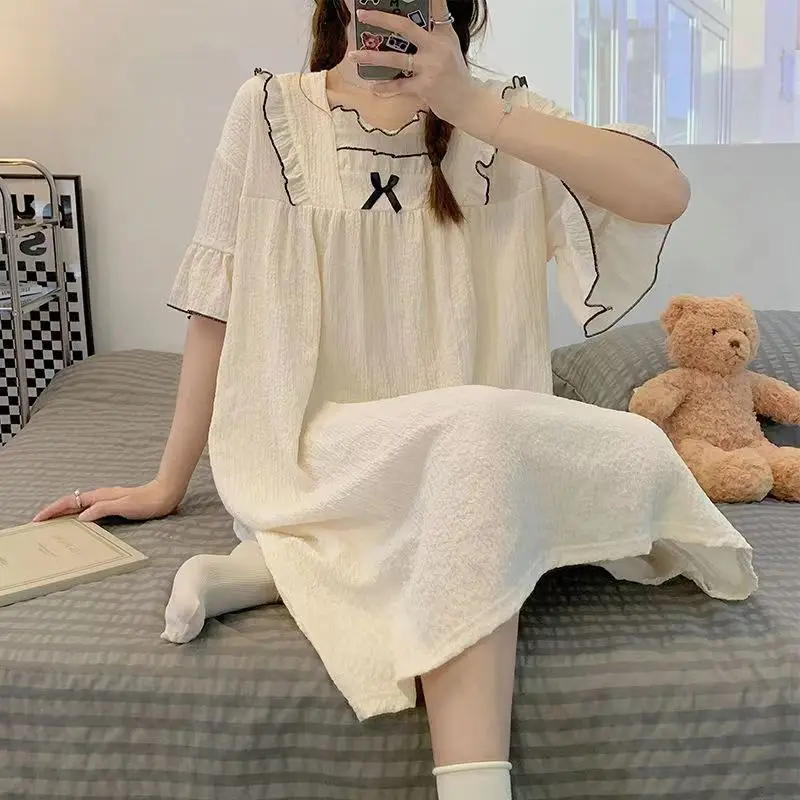 Summer Thin Long Princess Style Sleepwear Loose Comfortable Home Clothes Nightgown Sweet Home Sweet Home Pure Color Print