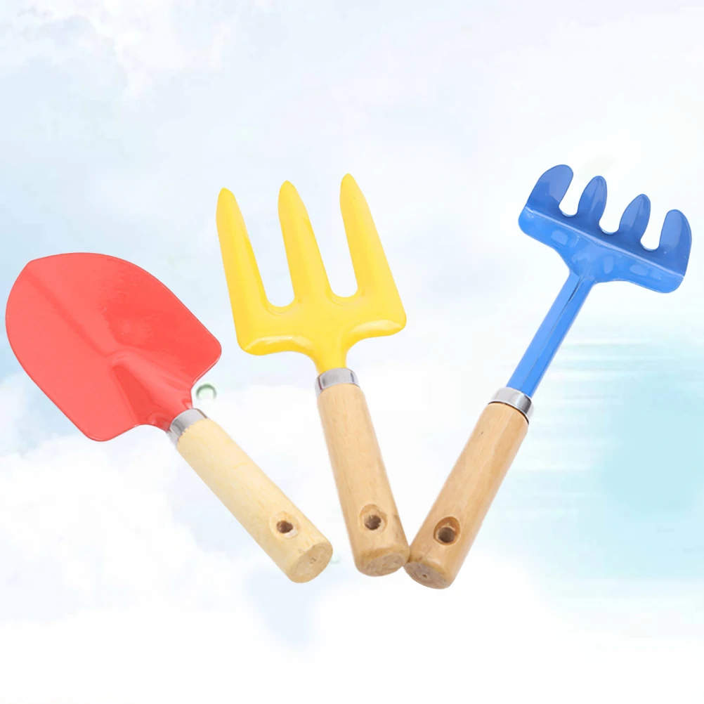 

3PCS Colorful Carbon Steel Gardening Tools Portable Planting Flowers Tools Wooden Handle Spade Shovel Rake for