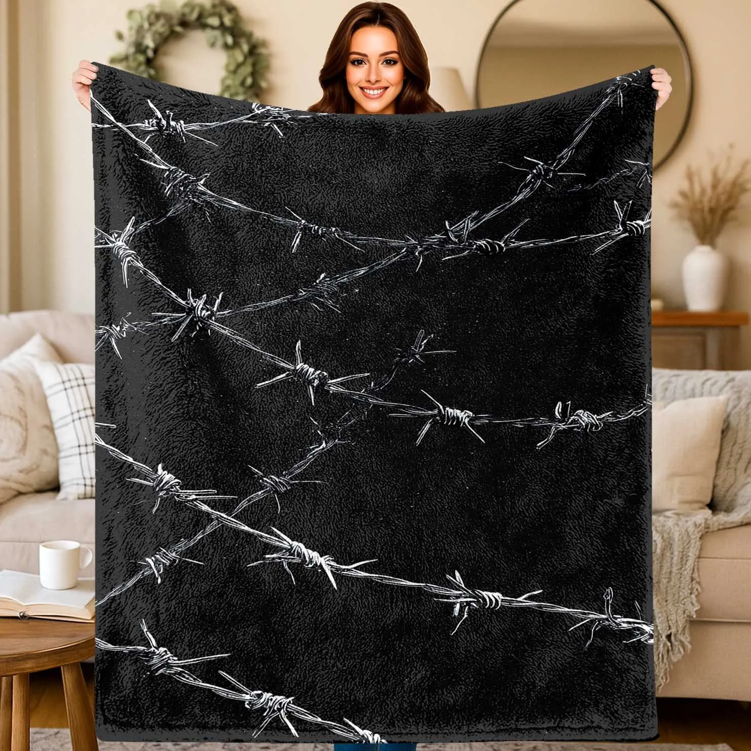 1pc Flannel Throw Blanket | Abstract Art Black Thorns 2D Printed Lightweight & Soft, All-Season Cozy Blanket for Couch, Bed, Cam