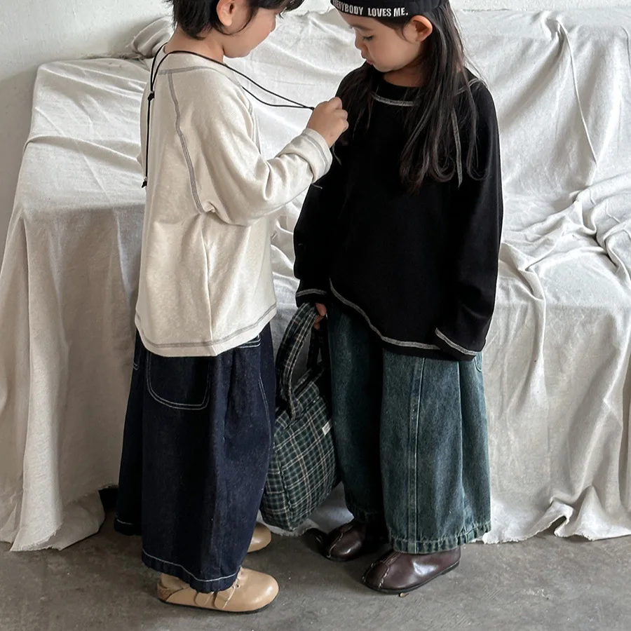 جديد الخريف الاطفال السراويل المستقيمة 1-7Y العصرية نمط الفتيان مرونة الخصر فضفاض السراويل الفتيات طفل عادية Dneim بنطال ذو قصة أرجل واسعة #6