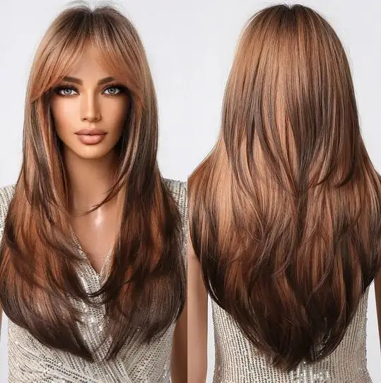 

Brown to Light Ash Brown Blonde Wigs with Bangs Layered Synthetic Wigs for Women Long Natural Hair Cospay Party