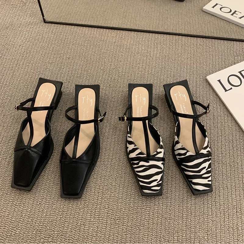 2024 Summer Women Mules Slipper Fashion Shallow Square Toe Slides Outdoor Dress Sandal Women's Sandalias