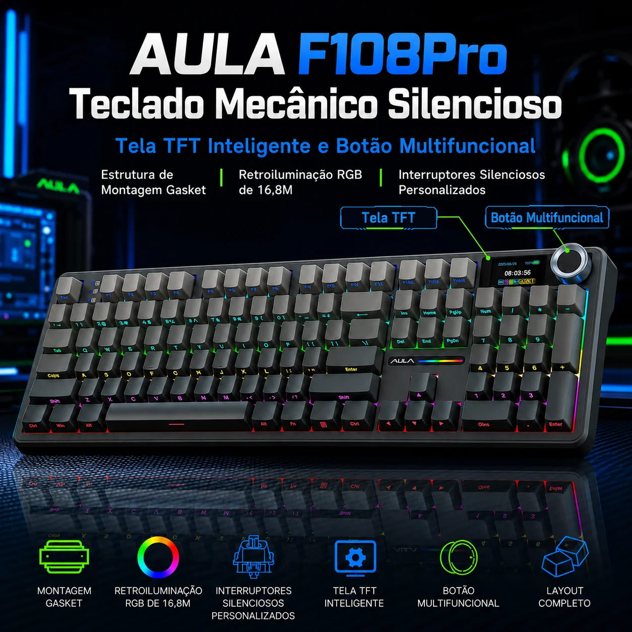 Teclado Mecânico AULA F108 Pro com Layout 100% Bluetooth 2.4G e Conexão com Fio, Teclado Gamer com Estrutura Gasket Hot-Swappable e Luz RGB