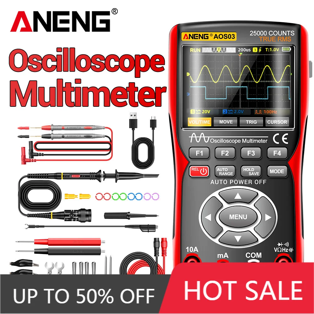 

3 in 1 Oscilloscope Multimeter Wavefor 50MHz Bandwidth AC/DC Voltage Current Rechargeable ANENG AOS03 Digital Display Screen