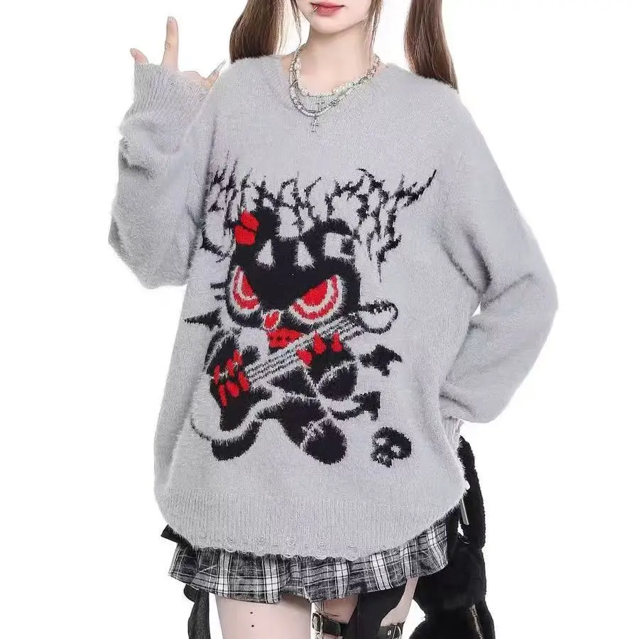 

Y2k Vintage Thicken Fur Knit Gothic Oversized Sweater Women Grunge Punk Aesthetic Guitar Skull Details Street Style Winter Top