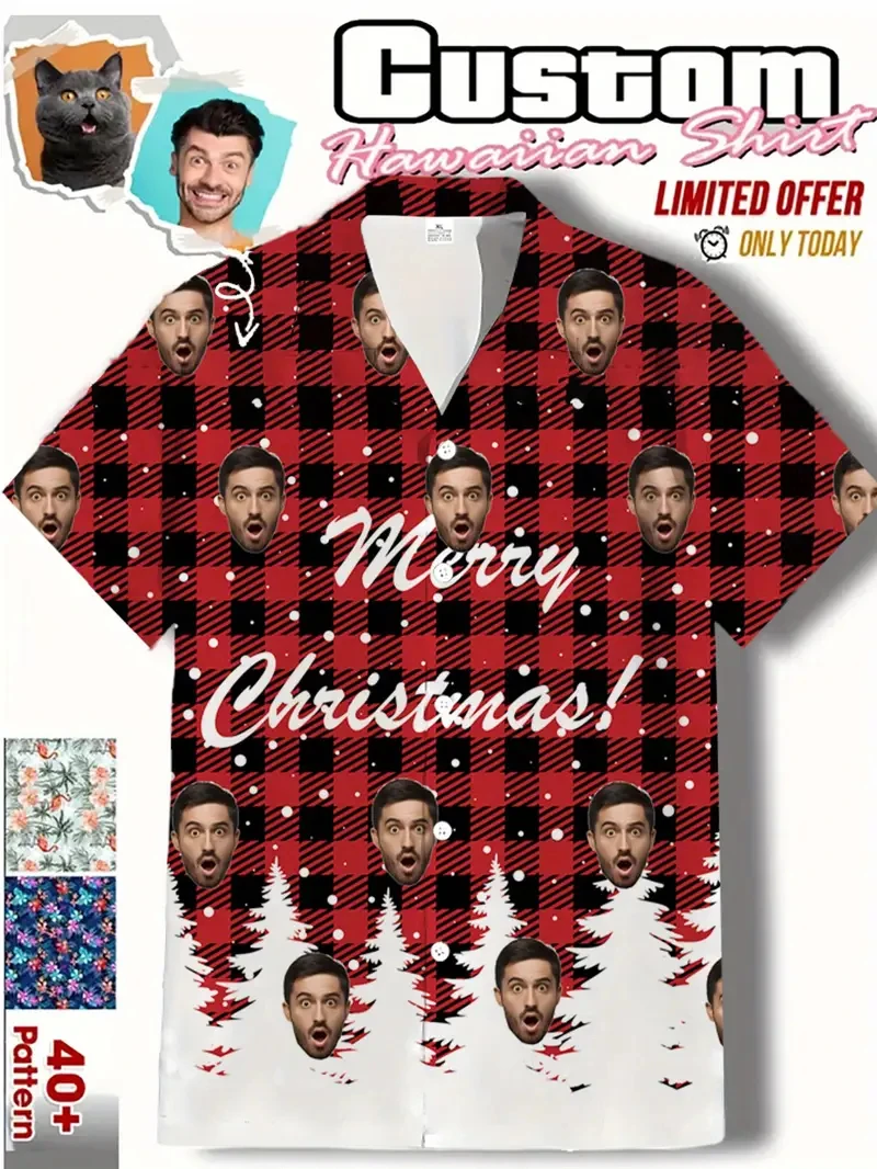 Funny Custom Face Design Christmas Hat Shirts Funny Holiday Mens Shirts Casual Button Down Xmas Shirts Y2k Unisex Blouses Tops