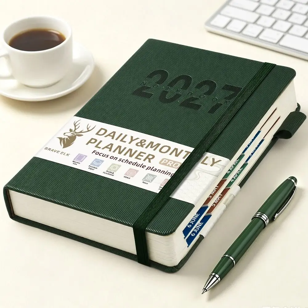 A5 Size Daily Planner Notebook Thick Paper Multi-Color Hardcover Planner Book To Do List Leather Cover Time Management Journal