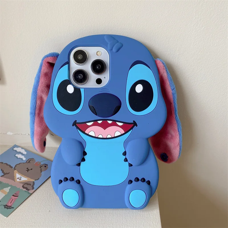 Para iPhone 16 15 14 Plus 13 Pro Max 12 11 Kawaii Sit Stitch correa de botón de oreja grande funda de teléfono suave de silicona de dibujos animados lindos