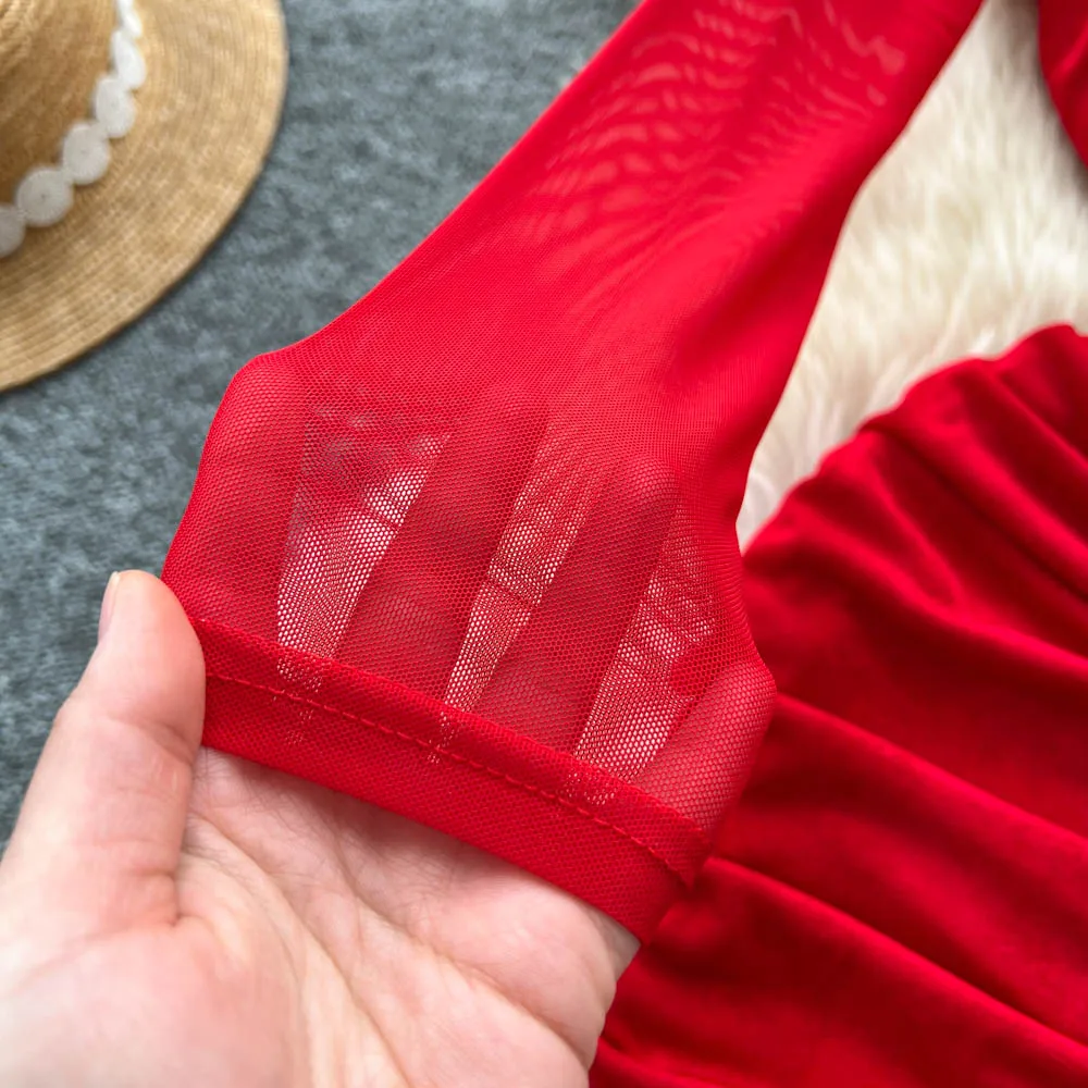 ชุดเดรสทรงเมอร์เมดแขนยาวคอโอวินเทจเก๋ไก๋สไตล์เกาหลีสำหรับผู้หญิง แฟชั่นฤดูใบไม้ร่วง เหมาะสำหรับงานพิธี