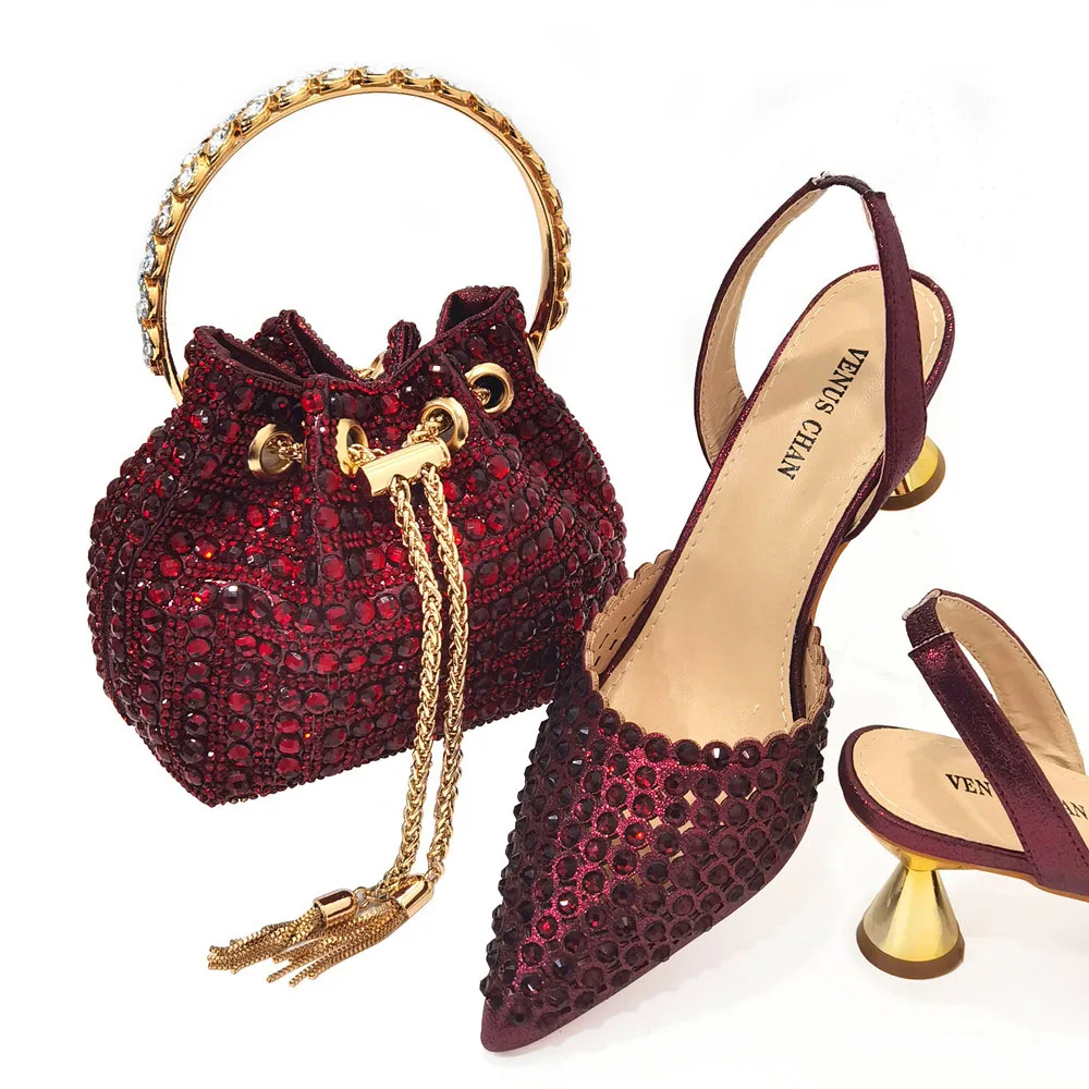 

2023 Popular in Nigeria Comfortable Women's Chunky Heel Shoesand Bags Italian Design Crystal Embellished Shoes and Bag Set