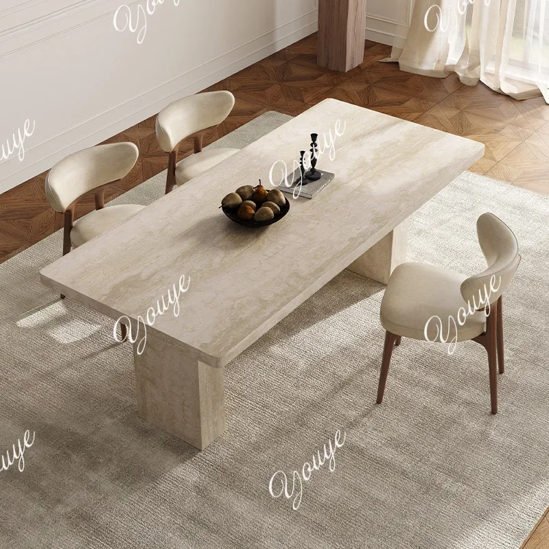 

MX French Retro Travertine Thickened Rock Slab Dining Table And Chair Combination Modern Home Dining Table Designer Model Room M