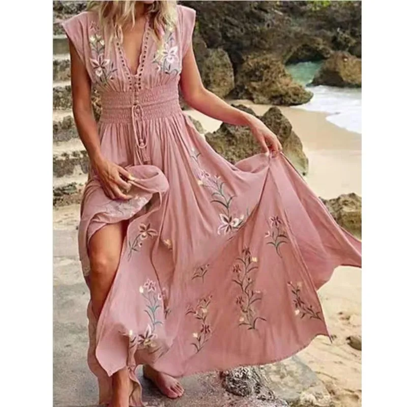 2024 New Summer Women\'s Deep V-neck Beach Bohemian Print Dress Ladies Sleeveless Sexy High Waist Lace-up Holiday Maxi Dress