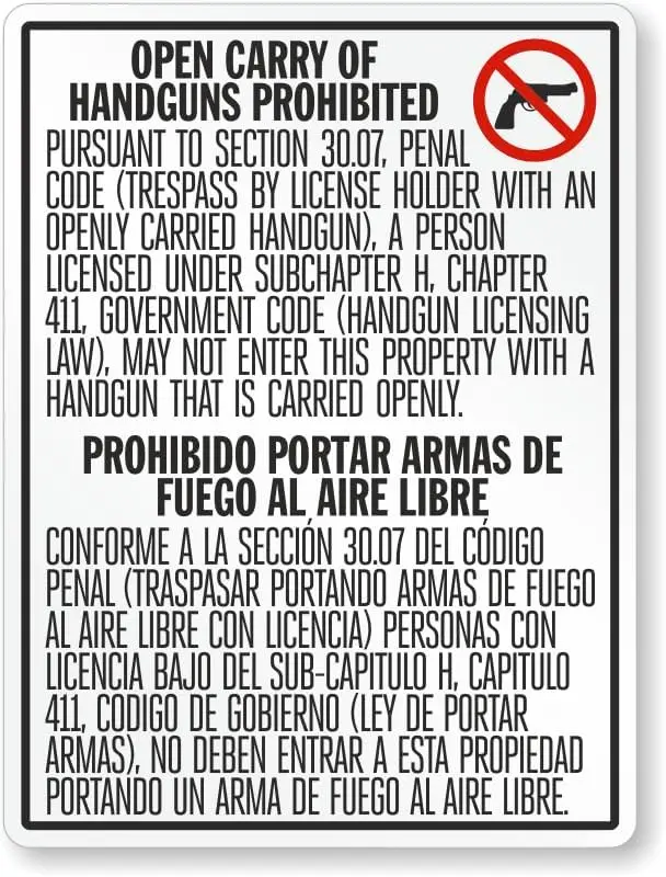 Señal Bilingüe - Reglamentos de Transporte de Armas en Texas: Prohibido Transportar Pistolas/Prohibido Portar Armas de Fuego al Aire Libre