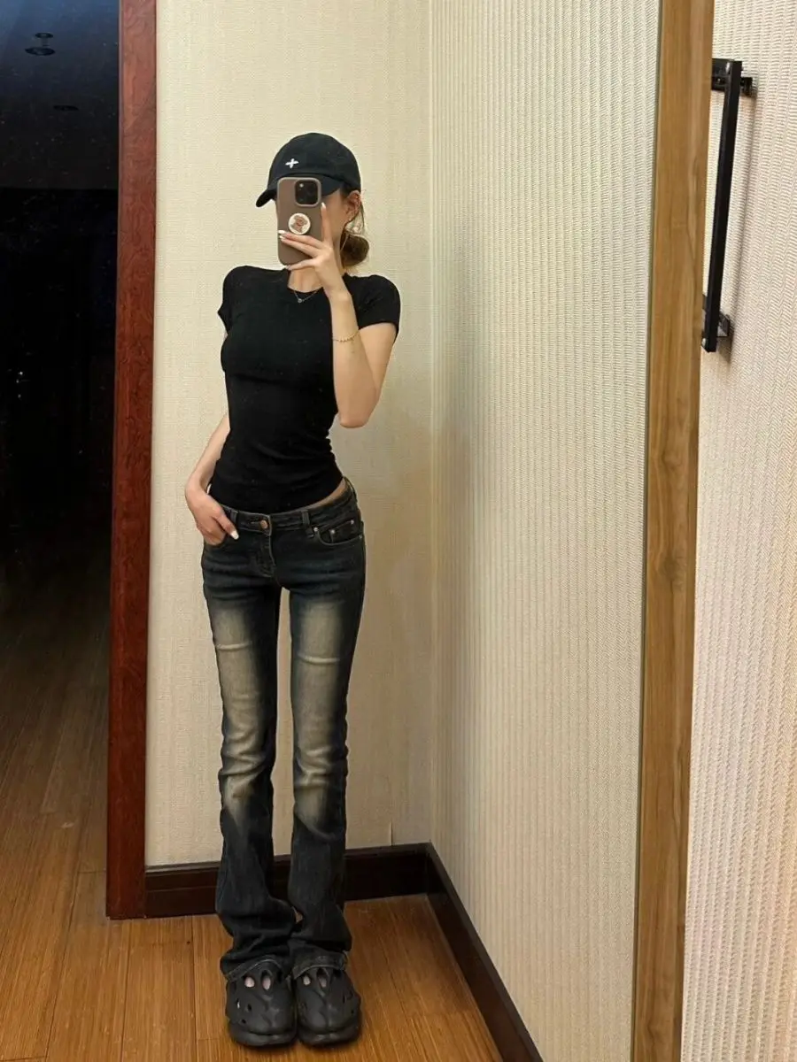 American Retro Micro Flared Jeans Women's New Elastic Low Waist Slim and Petite Figure Spicy Girl Tight Fitting Floor Pants