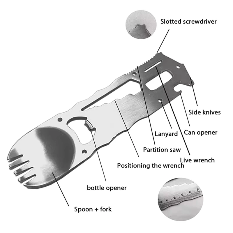 Outdoor Survival Tools 9 In 1 Camping Multi-Functional Practical Fork Knife Spoon Bottle/Can Opener Wrech Screwdriver