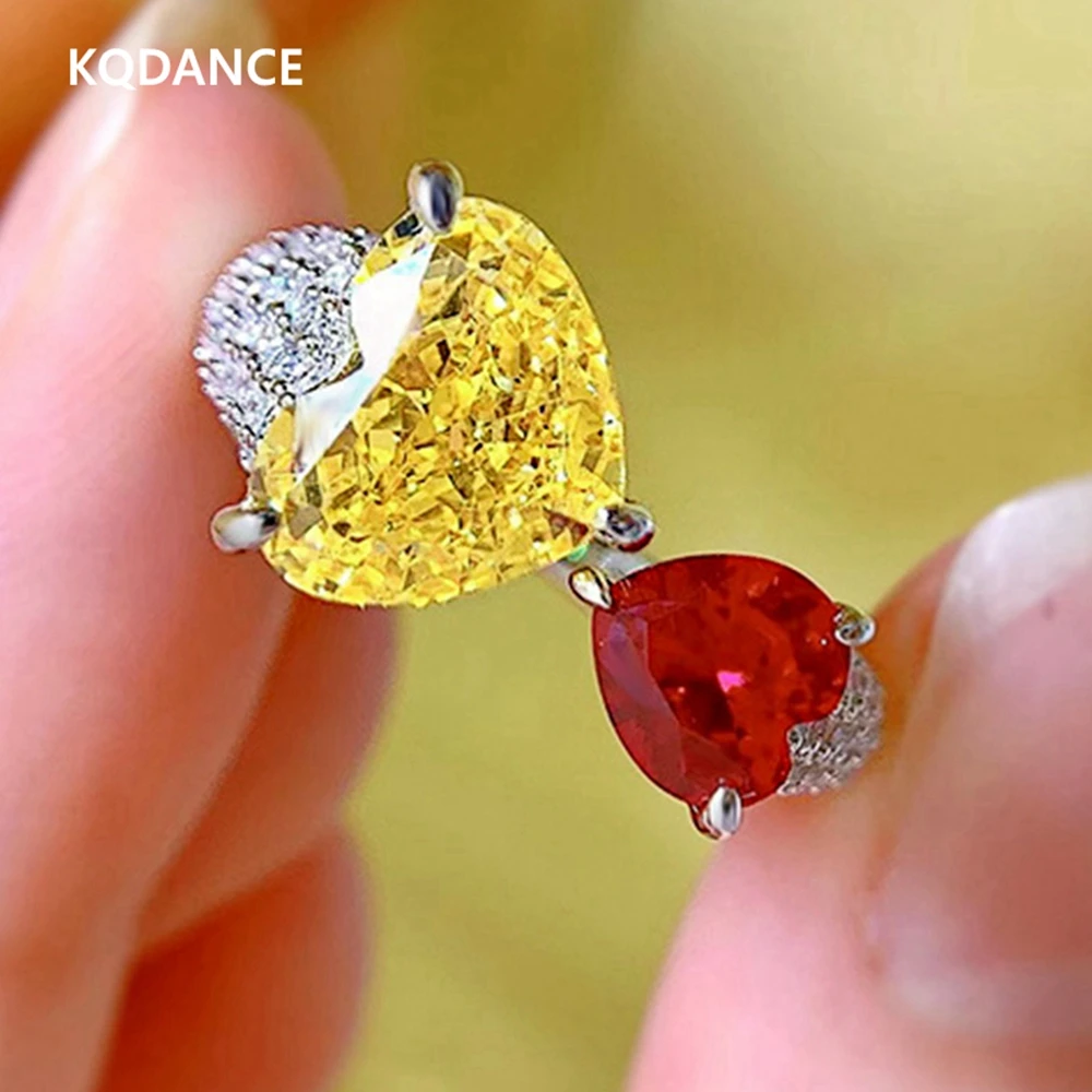 

KQDANCE 925 Sterling Silver Created Yellow/Red Moissanite Diamond Heart Citrine Ruby Ring Fine Jewelry For Women Love Gifts