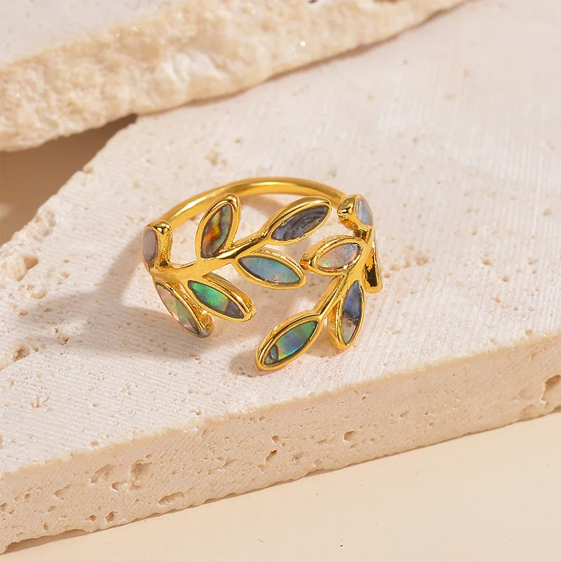 Letdiffery Colorful Abalone Shell Leaves Open Rings for Women Stainless Steel Enameled Flower Leaf Adjustable Ring Boho Jewelry