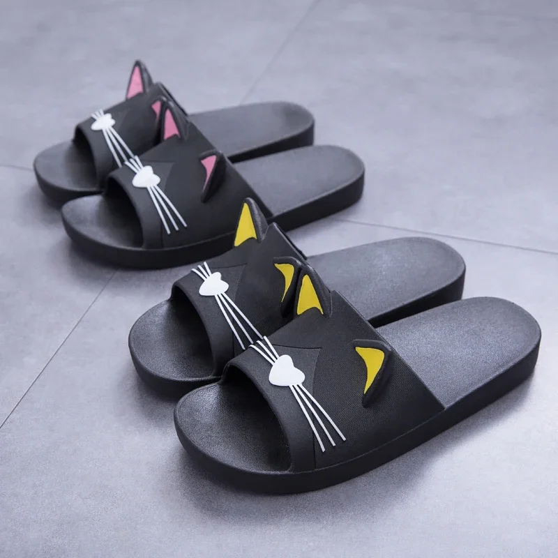 Comemore Women Summer Slippers Beach Slide Sandals Cartoon Cat Flip Flops Soft Comfortable Men Couple Ladies Flat Casual Shoes