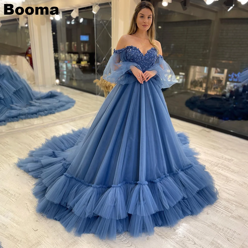 Booma Blue Ball Gowns Evening Dresses Sweetheart Appliques Ruched Prom Dress Puff Sleeves Long Wedding Party Dresses for Women