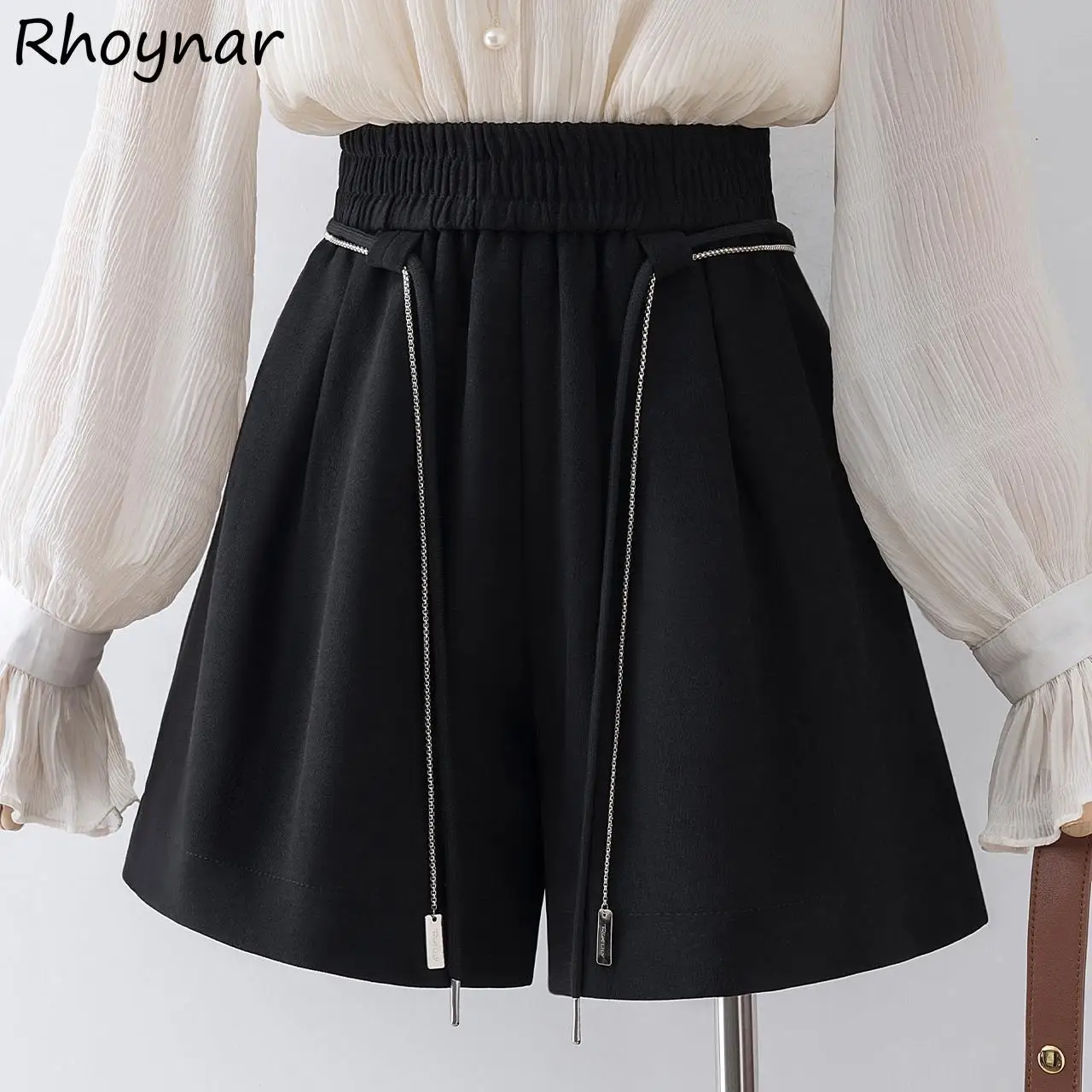 

Shorts Women Loose Wide Leg Design Chic Korean Style Drawstring Bright Line Decoration Streetwear Leisure Feminino Bottoms