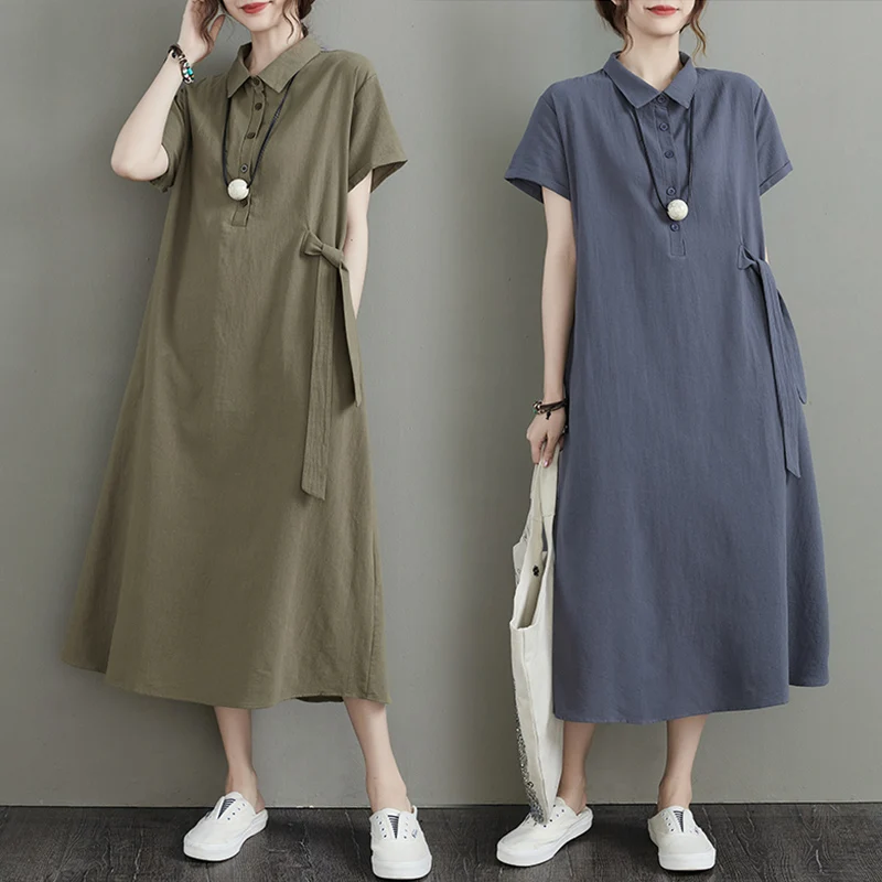 

Женское длинное платье из хлопка и льна большого размера с воротником на пуговицах ort Sve Clean Color Юбка трапециевидной формы для поездок на работу